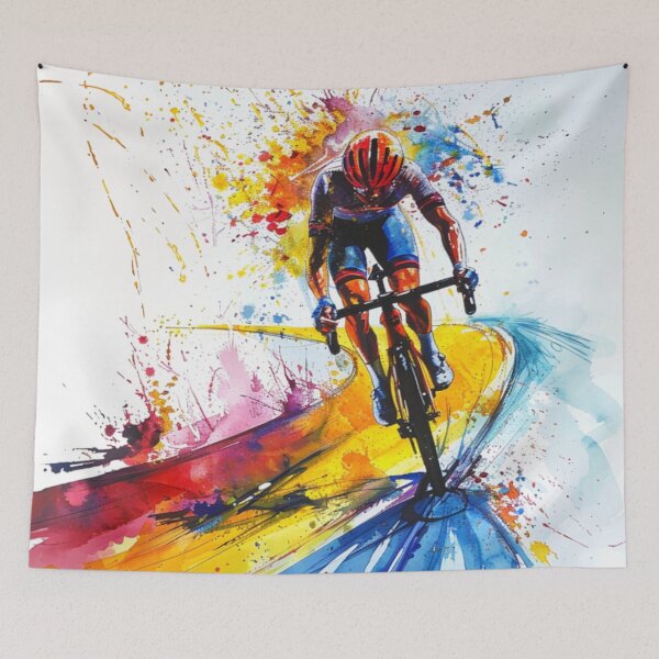 Item preview, Cyclist kicking splashes colour winding road Active Outdoors Inspired Art designed and sold by CDC40.