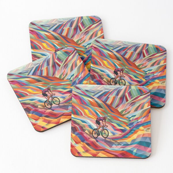 Item preview, Cyclist pedalling through a geometrically patterned landscape Active Outdoors Inspired Art designed and sold by CDC40.