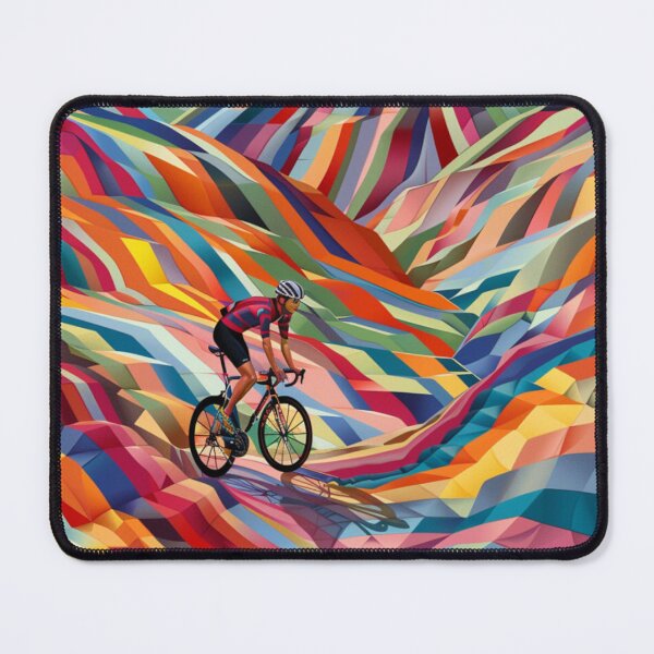 Item preview, Cyclist pedalling through a geometrically patterned landscape Active Outdoors Inspired Art designed and sold by CDC40.