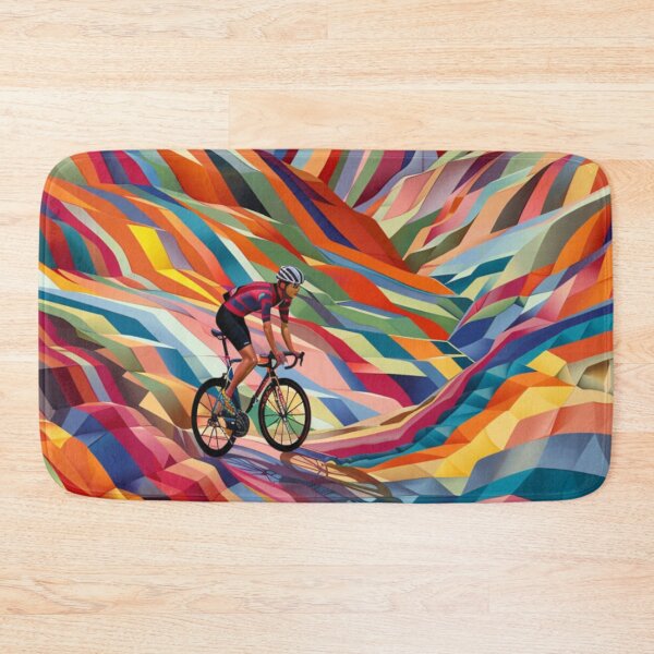 Item preview, Cyclist pedalling through a geometrically patterned landscape Active Outdoors Inspired Art designed and sold by CDC40.