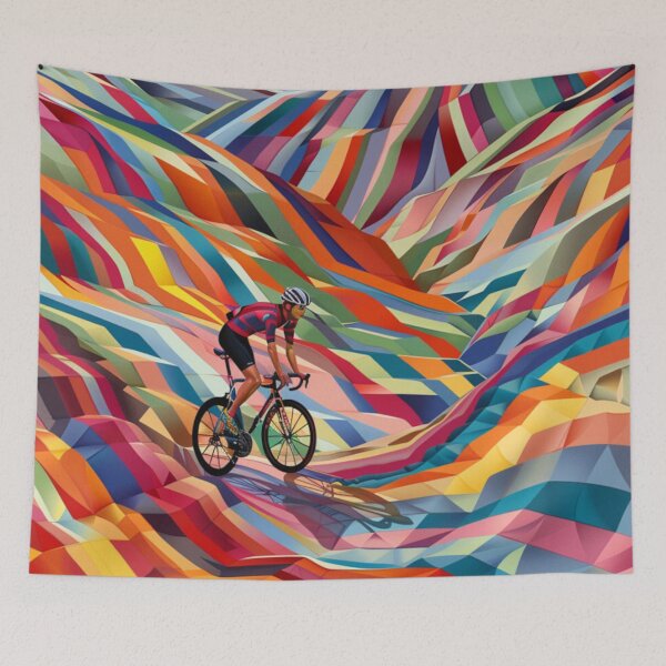 Item preview, Cyclist pedalling through a geometrically patterned landscape Active Outdoors Inspired Art designed and sold by CDC40.