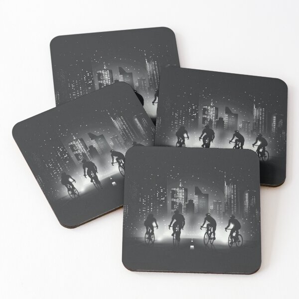 Item preview, Monochrome silhouette cyclists against neon cityscape Active Outdoors Inspired Art designed and sold by CDC40.