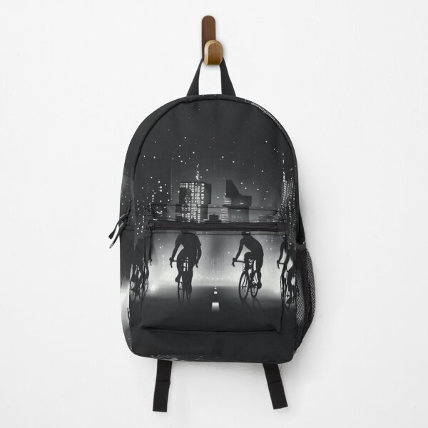 Item preview, Monochrome silhouette cyclists against neon cityscape Active Outdoors Inspired Art designed and sold by CDC40.