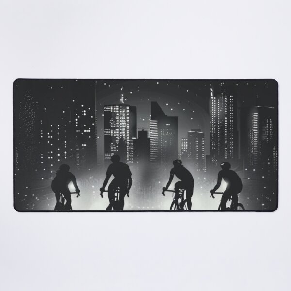 Item preview, Monochrome silhouette cyclists against neon cityscape Active Outdoors Inspired Art designed and sold by CDC40.