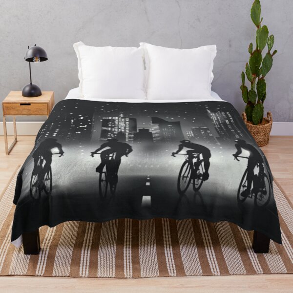 Item preview, Monochrome silhouette cyclists against neon cityscape Active Outdoors Inspired Art designed and sold by CDC40.