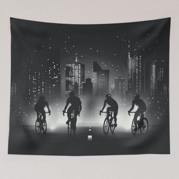 Item preview, Monochrome silhouette cyclists against neon cityscape Active Outdoors Inspired Art designed and sold by CDC40.