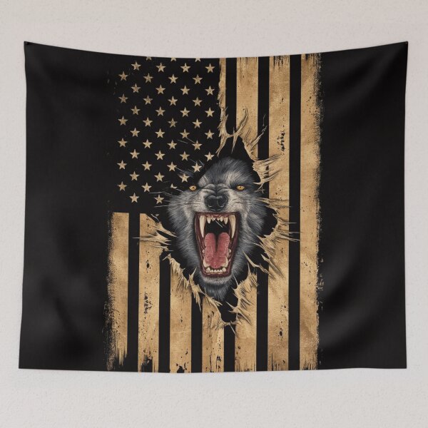 Item preview, Werewolf Ripping Shirt - Unique Graphic Tee with American Flag Background designed and sold by HOMEDESIGNPRINT.