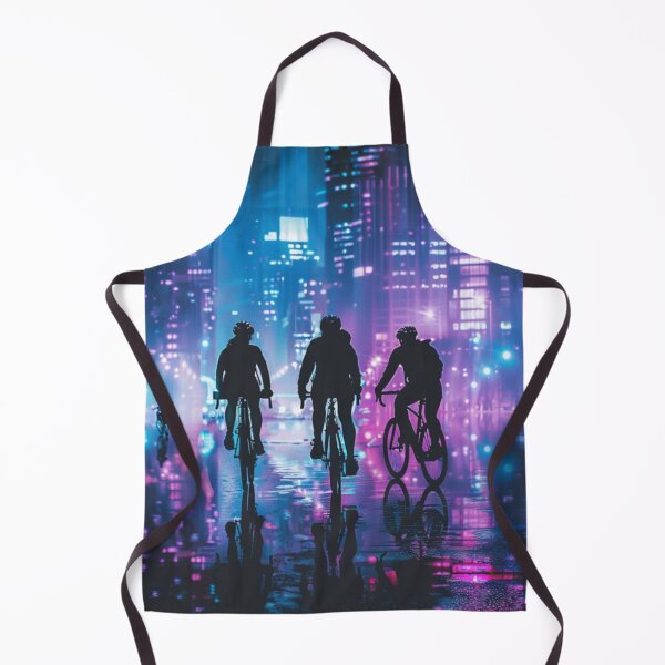 Item preview, Monochrome silhouette cyclists against neon cityscape Active Outdoors Inspired Art designed and sold by CDC40.