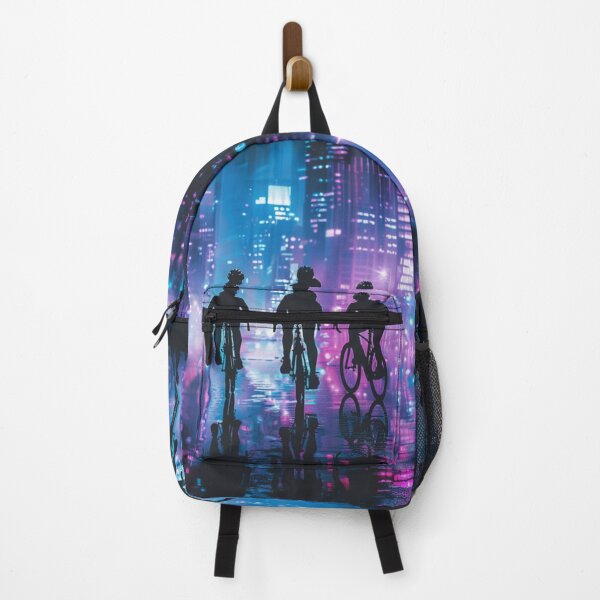 Item preview, Monochrome silhouette cyclists against neon cityscape Active Outdoors Inspired Art designed and sold by CDC40.