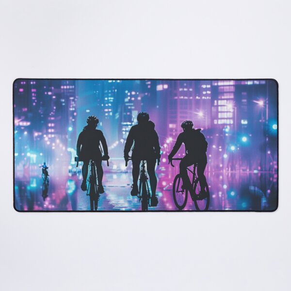 Item preview, Monochrome silhouette cyclists against neon cityscape Active Outdoors Inspired Art designed and sold by CDC40.