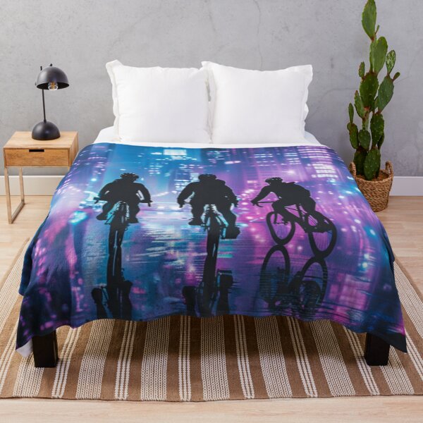Item preview, Monochrome silhouette cyclists against neon cityscape Active Outdoors Inspired Art designed and sold by CDC40.