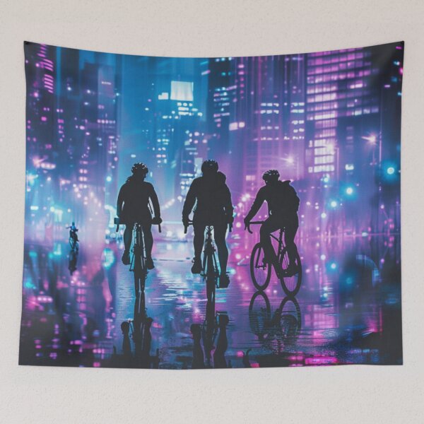 Item preview, Monochrome silhouette cyclists against neon cityscape Active Outdoors Inspired Art designed and sold by CDC40.