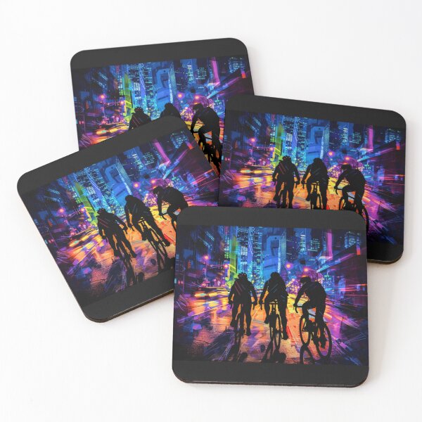 Item preview, Monochrome silhouette cyclists against neon cityscape Active Outdoors Inspired Art designed and sold by CDC40.