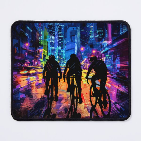 Item preview, Monochrome silhouette cyclists against neon cityscape Active Outdoors Inspired Art designed and sold by CDC40.