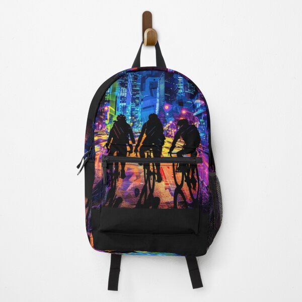 Item preview, Monochrome silhouette cyclists against neon cityscape Active Outdoors Inspired Art designed and sold by CDC40.