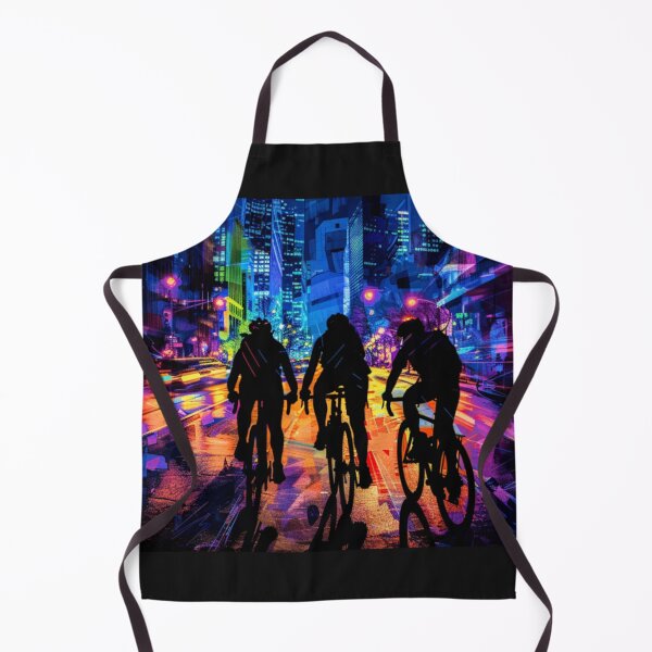 Item preview, Monochrome silhouette cyclists against neon cityscape Active Outdoors Inspired Art designed and sold by CDC40.
