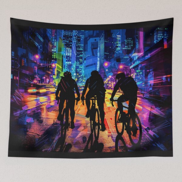 Item preview, Monochrome silhouette cyclists against neon cityscape Active Outdoors Inspired Art designed and sold by CDC40.
