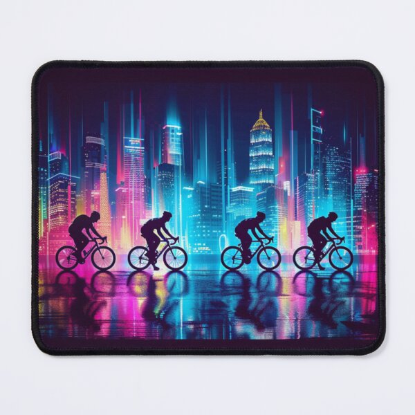 Item preview, Monochrome silhouette cyclists against neon cityscape Active Outdoors Inspired Art designed and sold by CDC40.
