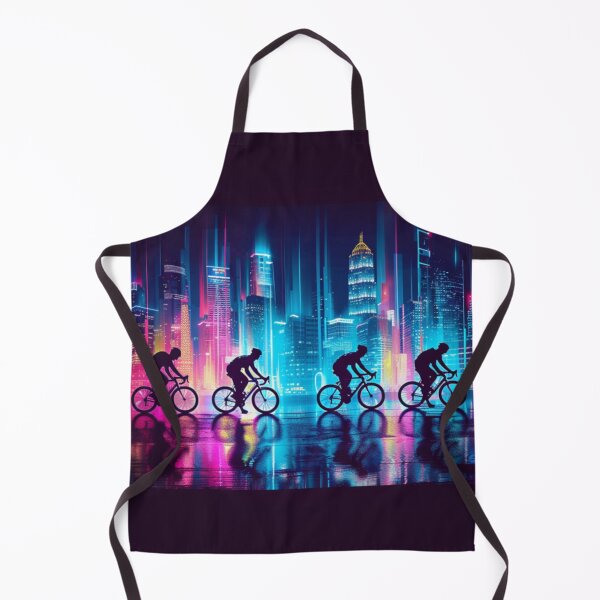 Item preview, Monochrome silhouette cyclists against neon cityscape Active Outdoors Inspired Art designed and sold by CDC40.