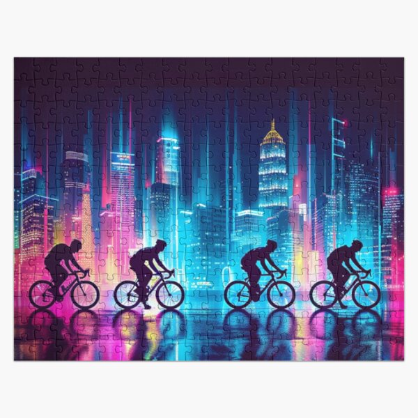 Item preview, Monochrome silhouette cyclists against neon cityscape Active Outdoors Inspired Art designed and sold by CDC40.