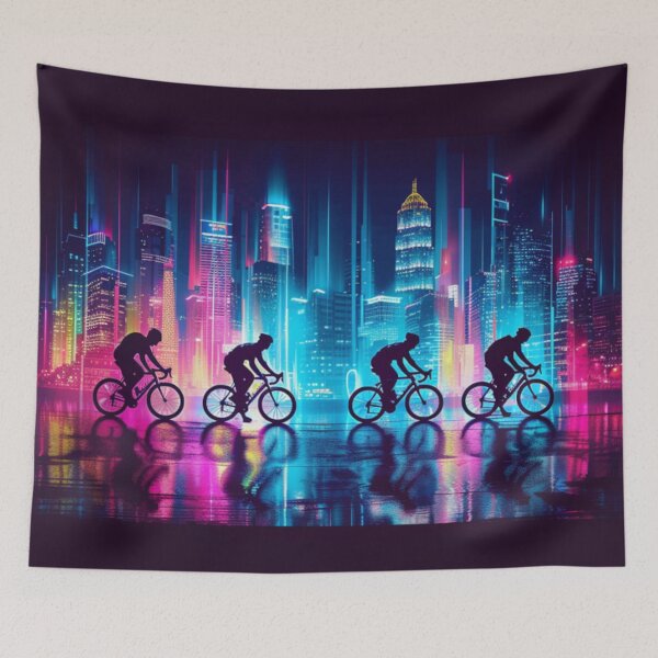 Item preview, Monochrome silhouette cyclists against neon cityscape Active Outdoors Inspired Art designed and sold by CDC40.