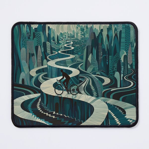 Item preview, Cyclist pedalling through a geometrically patterned landscape Active Outdoors Inspired Art designed and sold by CDC40.