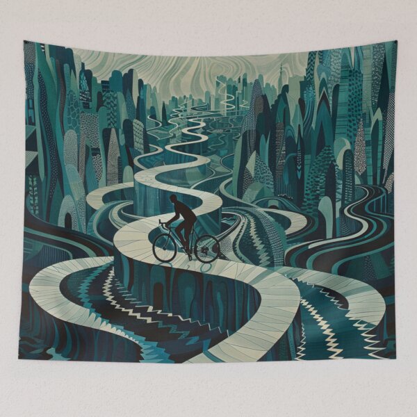 Item preview, Cyclist pedalling through a geometrically patterned landscape Active Outdoors Inspired Art designed and sold by CDC40.