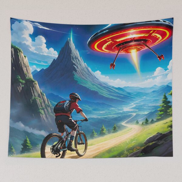 Item preview, Chased by the Unknown: MTB Rider Escaping UFO designed and sold by GrizzlyCollective.