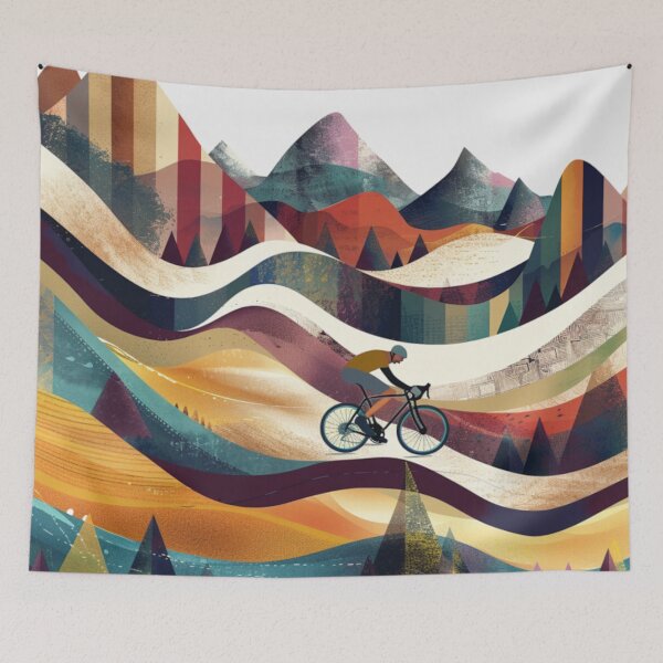 Item preview, Cyclist pedalling through a geometrically patterned landscape Active Outdoors Inspired Art designed and sold by CDC40.