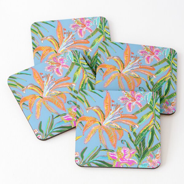 Item preview, Lirios tigrados rosas y naranjas sobre azul designed and sold by SophieClimaArt.