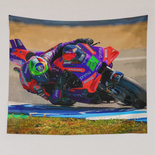 Item preview, Franco Morbidelli on his 2024 MotoGP motorcycle coming out of the corner abstract designed and sold by Rodissimus1984.