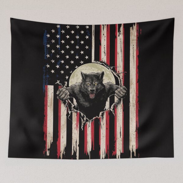 Item preview, American Flag Werewolf Breakthrough T-Shirt - Patriotic Wild Animal Graphic Tee designed and sold by HOMEDESIGNPRINT.