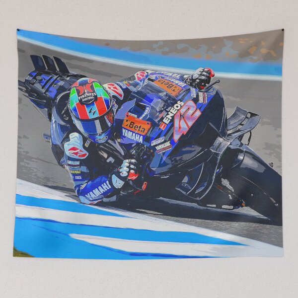 Item preview, Alex Rins on his 2024 MotoGP motorcycle coming out of the corner 3 watercolor designed and sold by Rodissimus1984.