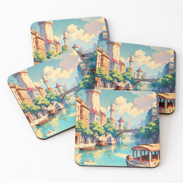 Item preview, Serene Cityscape River, Boats, and Towers designed and sold by ArtComixHaven.