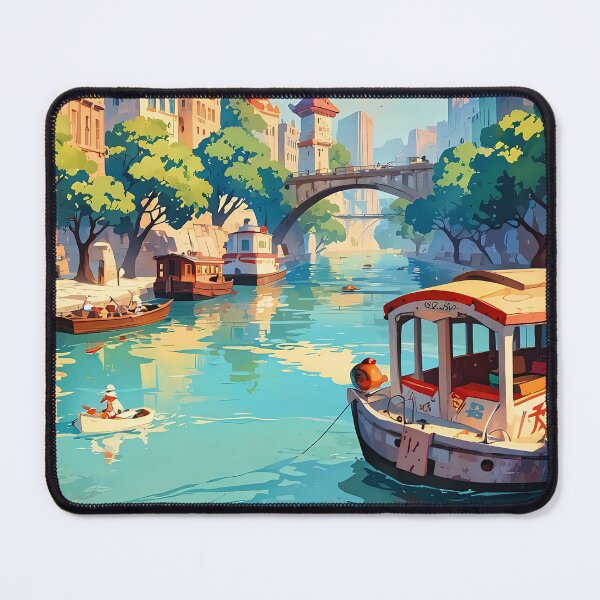 Item preview, Serene Cityscape River, Boats, and Towers designed and sold by ArtComixHaven.