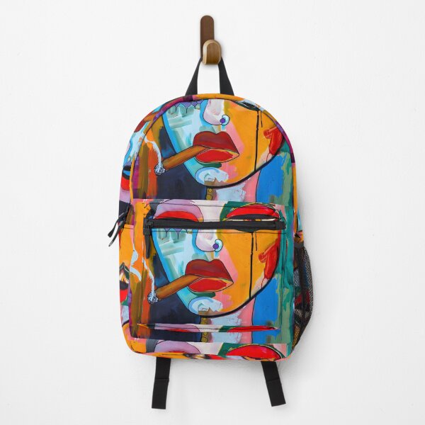 Item preview, Femme Fatale's Vivid Expression- Stylized Face with Smoking Cigar and Exaggerated Features in Vibrant Colors designed and sold by OlfactoART Studio.