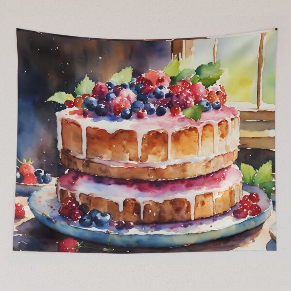 Item preview, watercolor of a yummy decadent cake toppled with fruit designed and sold by soulfulpalette.