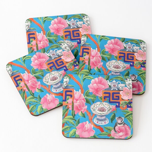 Item preview, Modern chinoiserie monkeys, Clematis, porcelain and Greek keys in bright preppy colors designed and sold by SophieClimaArt.