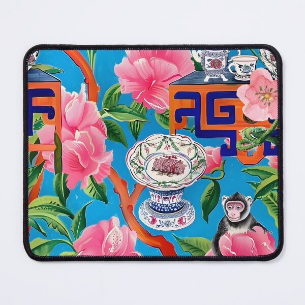 Item preview, Modern chinoiserie monkeys, Clematis, porcelain and Greek keys in bright preppy colors designed and sold by SophieClimaArt.