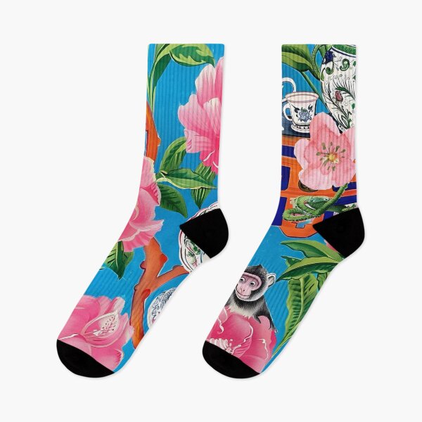 Item preview, Modern chinoiserie monkeys, Clematis, porcelain and Greek keys in bright preppy colors designed and sold by SophieClimaArt.