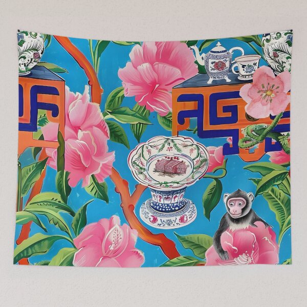 Item preview, Modern chinoiserie monkeys, Clematis, porcelain and Greek keys in bright preppy colors designed and sold by SophieClimaArt.