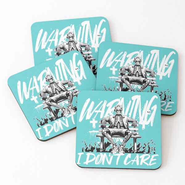 Item preview, "Warning I don't care" funny skeleton with attitude designed and sold by PrettyPinkSkies.