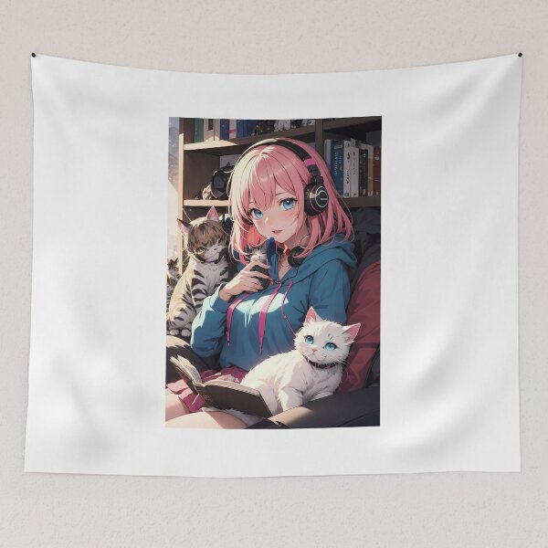 Item preview, Anime Girl with Kittens and Music Notes Illustration designed and sold by iloveanimechibi.