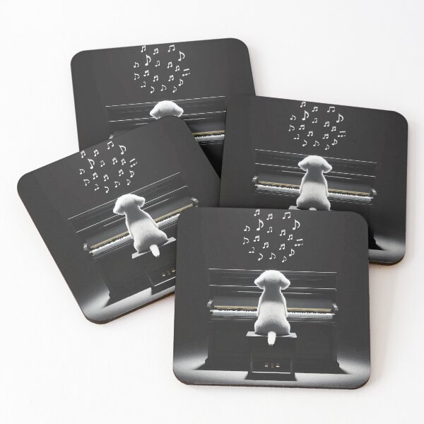 Item preview, White dog playing the piano in black and white. designed and sold by JawArts.