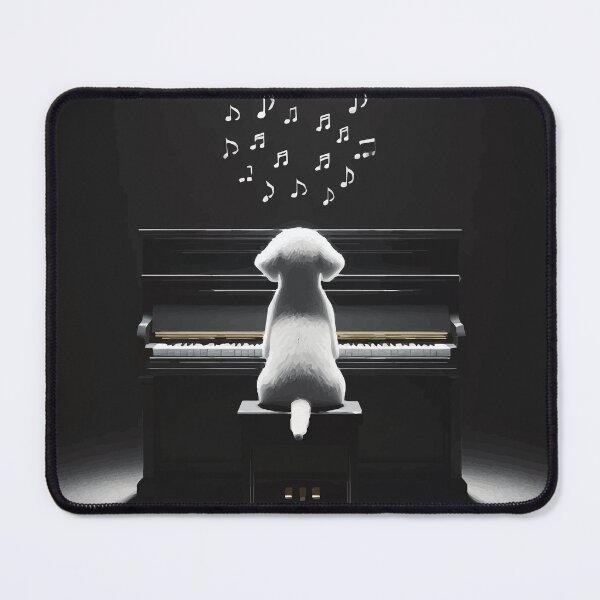 Item preview, White dog playing the piano in black and white. designed and sold by JawArts.