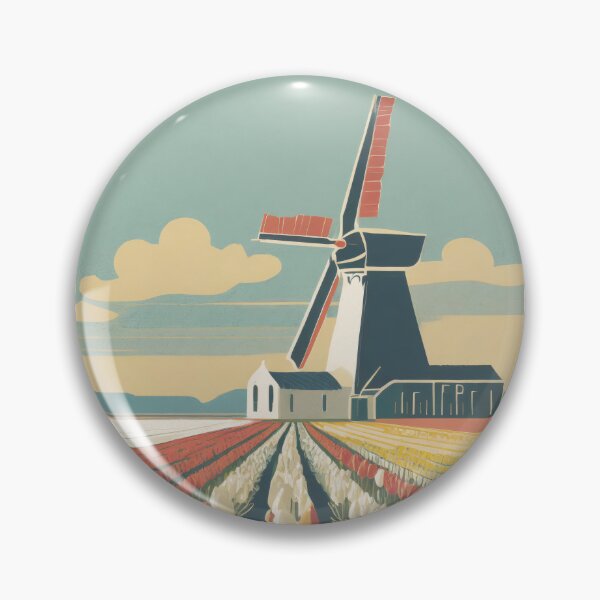 Artikelvorschau, Minimalistisches Vintage Reiseplakat - Windmühle und Tulpenfelder in den Niederlanden, Retro Minimal Design entworfen und verkauft von pod24.