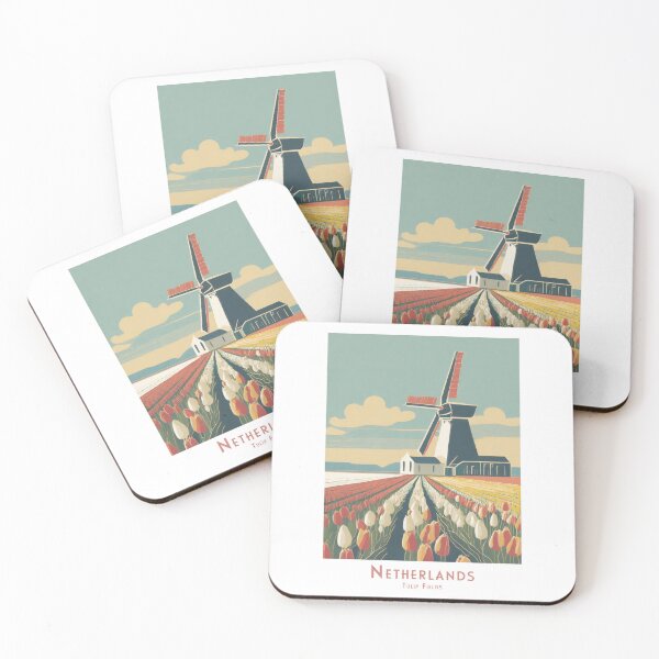 Artikelvorschau, Minimalistisches Vintage Reiseplakat - Windmühle und Tulpenfelder in den Niederlanden, Retro Minimal Design entworfen und verkauft von pod24.