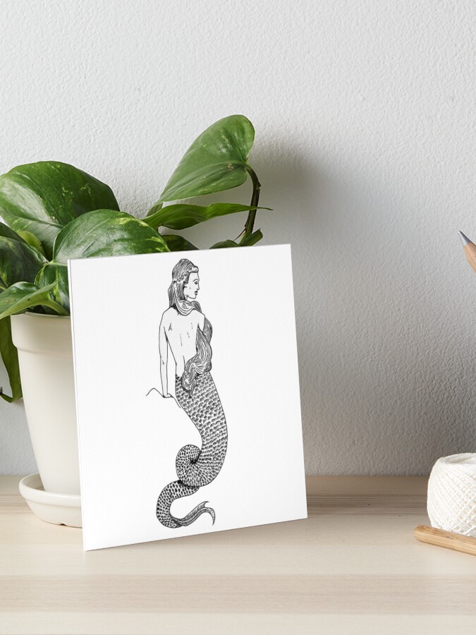 PRINT Tranquil Mermaid Art Pencil Drawing Black and White 