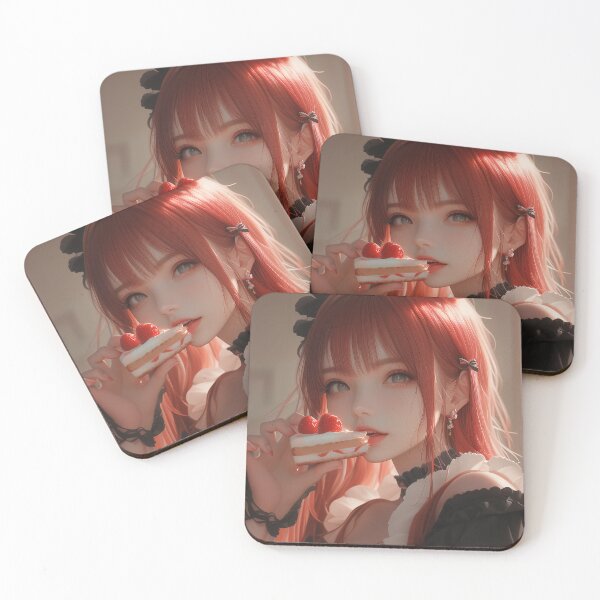 Item preview, a beautiful red-haired girl eating a strawberry cake designed and sold by Kawai Anime Shop.