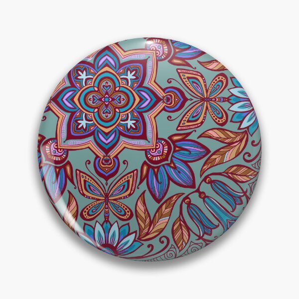 Item preview, Fuschia & Butterfly garden - blue & bronze on sage green designed and sold by AprilAppleArt.